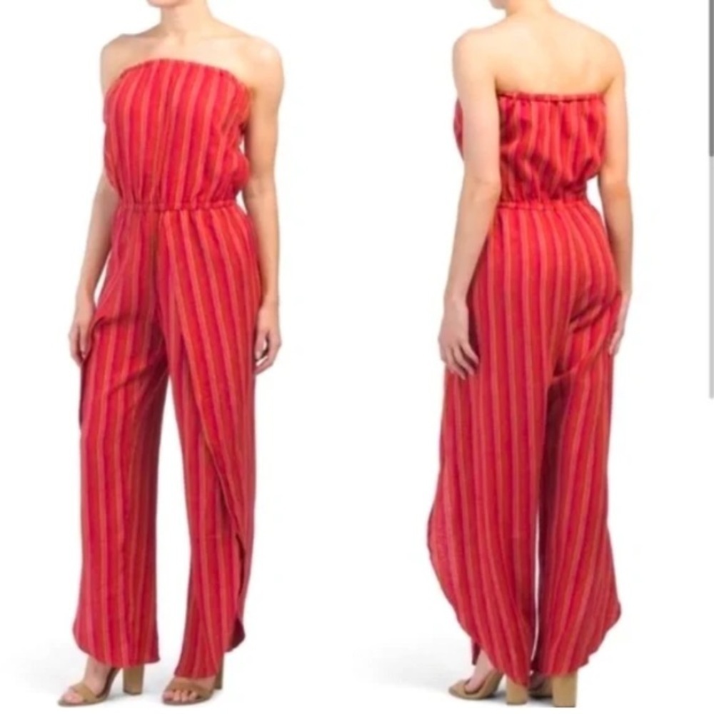 DREW by Anthropologie Vibrant Red Striped Jumpsuit